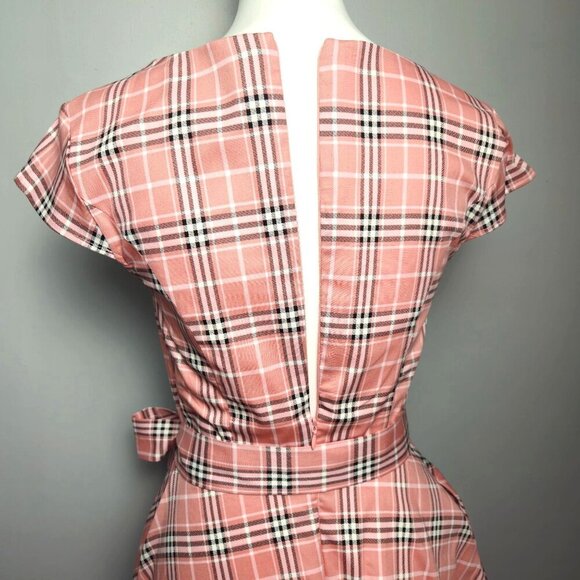 Pink Plaid Fit & Flare Dress With Belted Waist & Cap Sleeves And Pockets Small - Picture 11 of 14